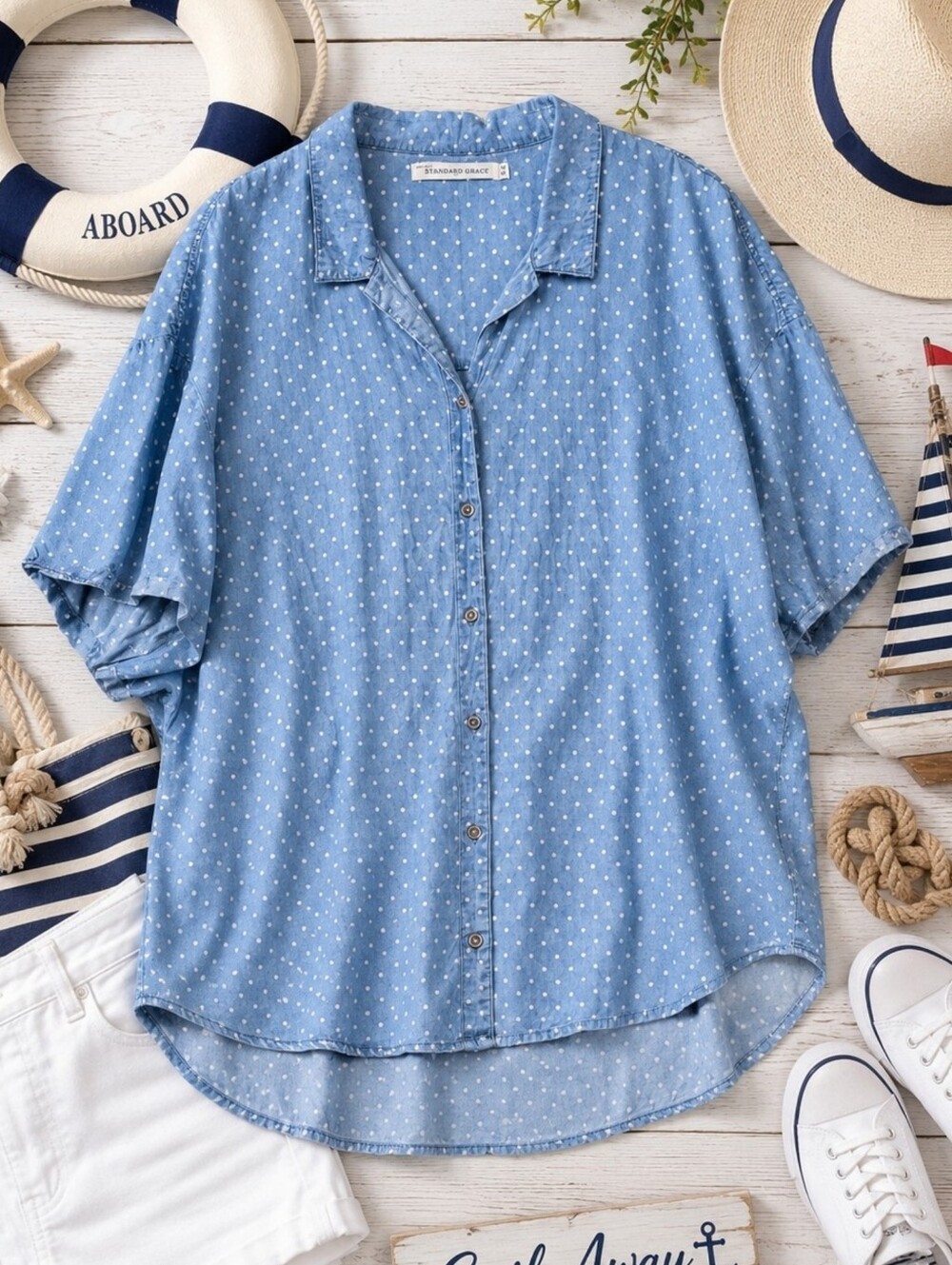 Standard Grace Plus Size 3x: Polka Dot Button-Down Shirt - Relaxed Collared Top